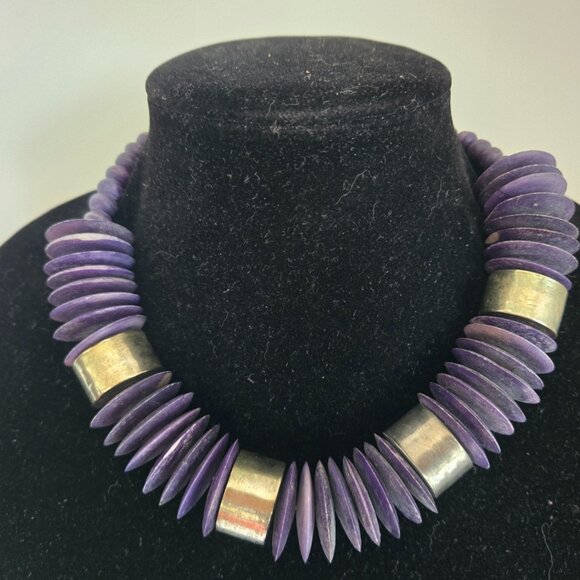 Vintage Purple Wood Disk & Silver Chunky Choker Necklace - Picture 1 of 4
